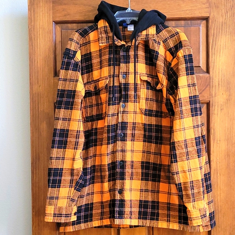 Mens fall flannel long sleeve shirt with sweatshirt hood - Sz L